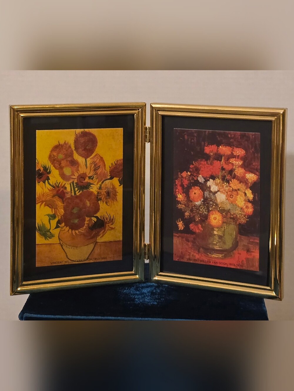Vintage Brass Double Folding Frame Vincent Van Gogh Art Prints 7.5”x11.5”